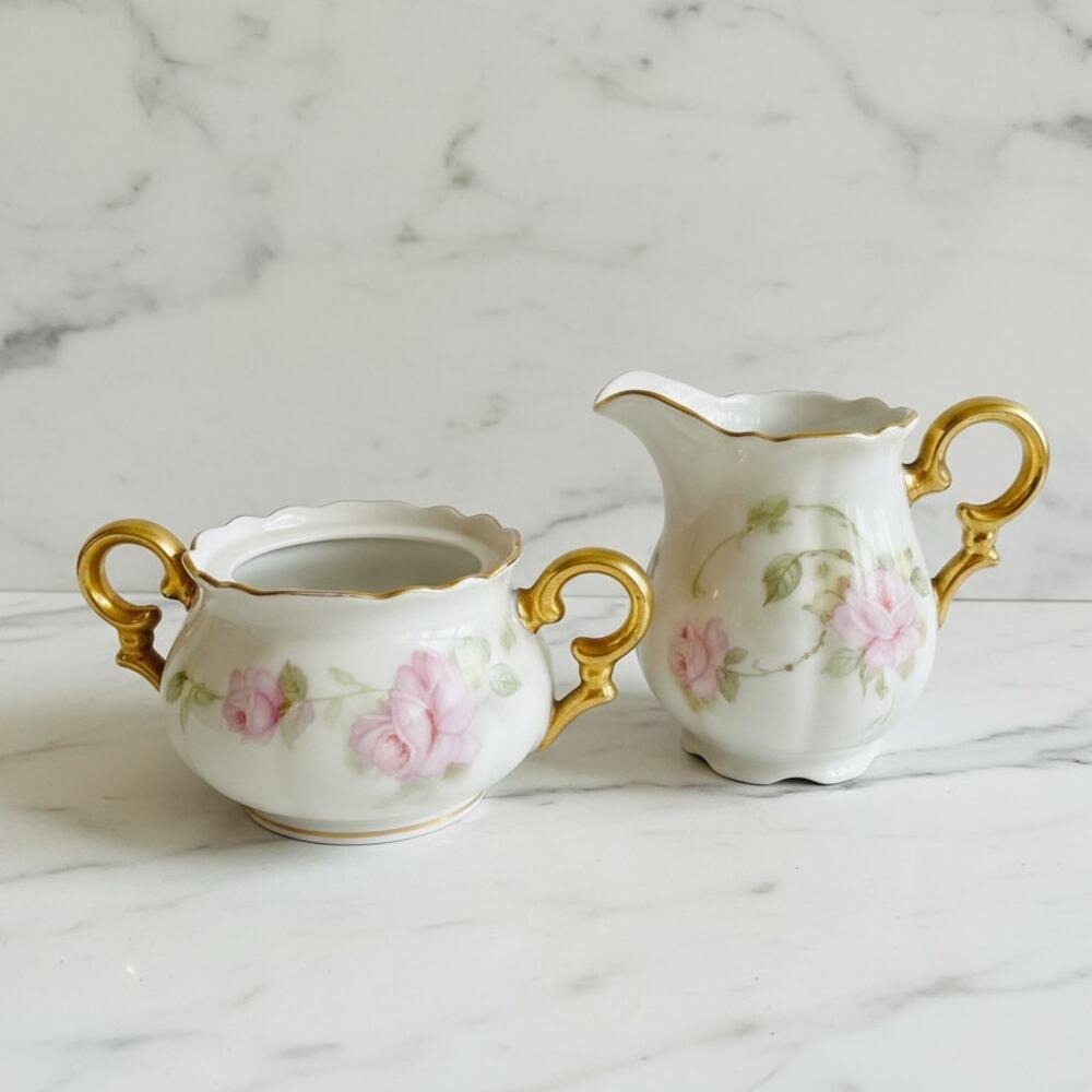 Antique Victorian Hand Painted Rose Gold Gilt Sugar & Creamer